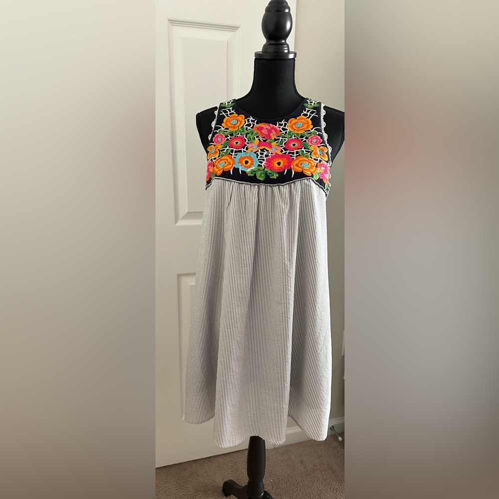 Altar’d State Floral Embroidered Women’s  Dress - Navy, Grey and White Striped